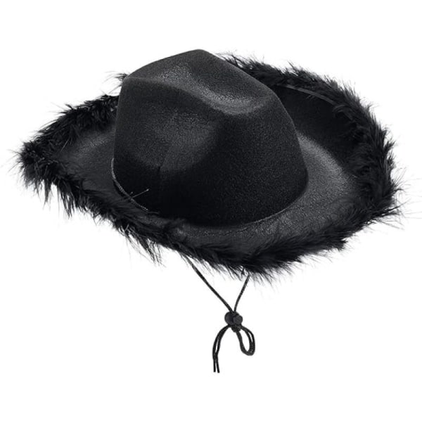 sorte cowboyhatte med fjer Kvinder Mænd Fluffy Cowgirl Hat Filt Bred skygge Western Party Dress Up Hat
