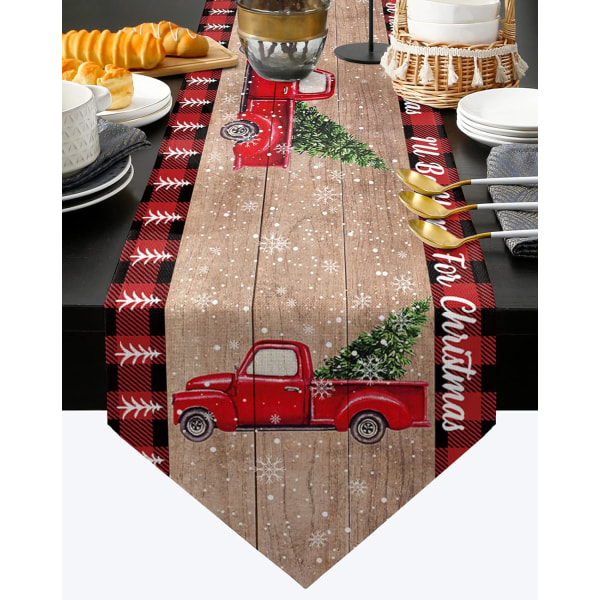 Joulupöytäjuoksu punainen kuorma-auto vedä joulukuusi puulaudalle Dresser Huivi ruokapöydän koristelu keittiöön/maatalon