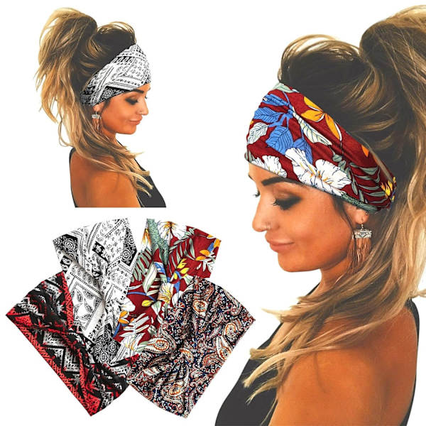 4 st Bred Boho Hårband för Kvinnor Elastiskt Halkskyddande Hårband Mode Hårband Tyg Hårband Hårtillbehör för