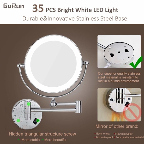 8 Tums LED-belyst Väggmonterad Smink Spegel med 7x Förstoring, Krom M1805D (8 tum, 7x) perfekt present till kvinnor & flickor