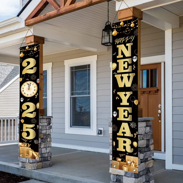 Sort Happy New Year Dørbanner 2025 Happy New Year Eve Veranda Skilt Nedtælling Hængende Hjemmefest Tilbehør