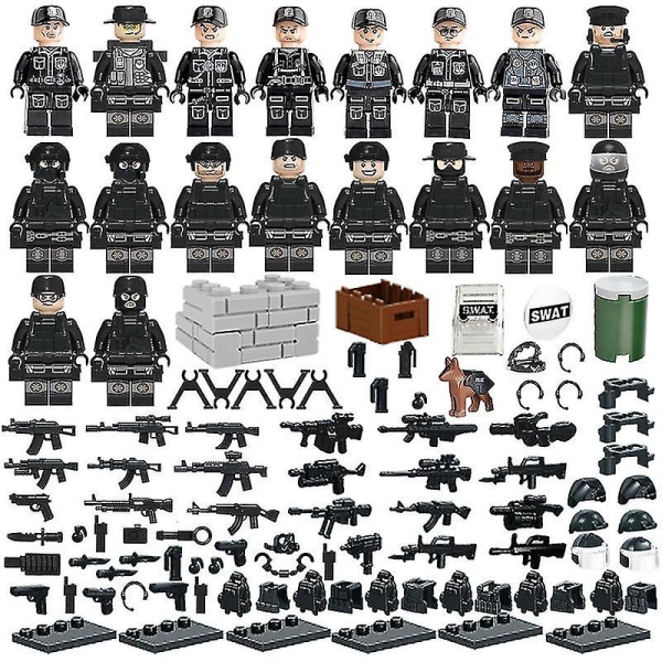 Militära dockor, stadsminifigurer, vapen, vapen, hundpellets, byggstenar, leksaker