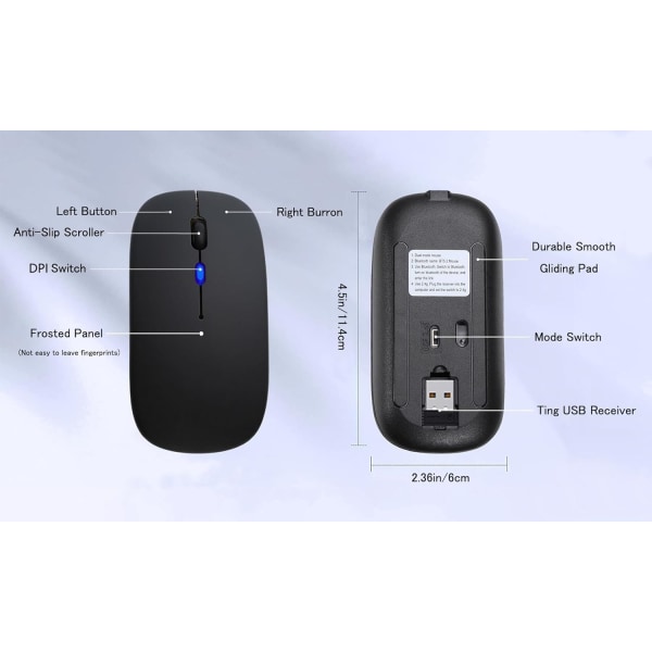 Trådlös Bluetooth mus, LED-uppladdningsbar Silent Slim Laptop-mus, Bärbara Dual Mode-datormöss