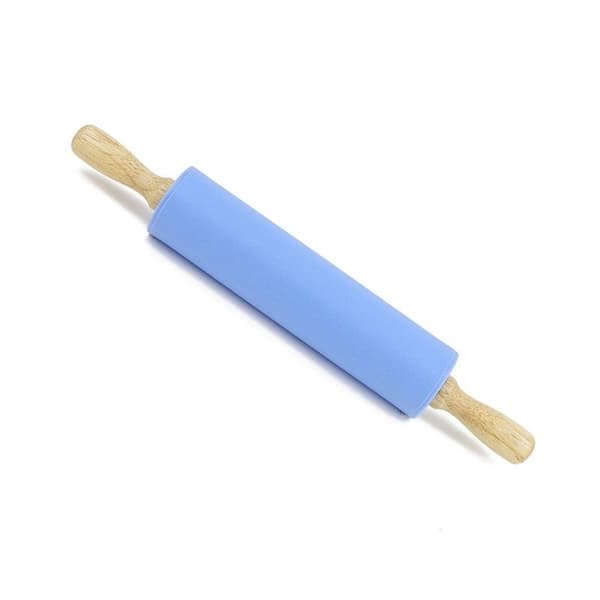 Silicone Rolling Pin with Non-Stick Surface and Wooden Handles (Blue)