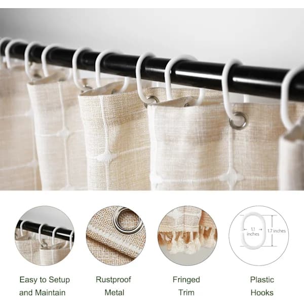 Rustic Polyester Linne Duschdraperi, Neutral Boho Randig Beige med Tofsar för Badrum - Bohemiskt Tygduschdraperi 183 x 183 cm