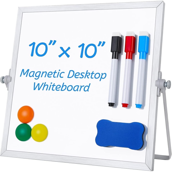 Liten tavle med stativ 10" X 10", magnetisk dobbeltsidig tørrsletting av hvittavlestave for skrivebordsstudenter Hjemmekontor