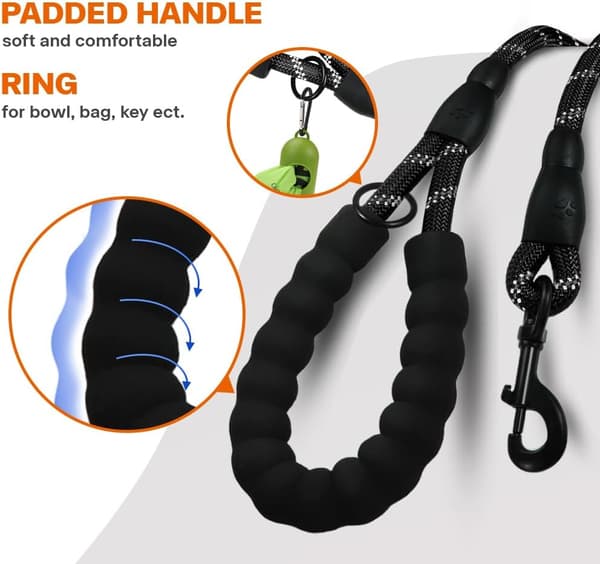 Durable Dog Leash 1.5m Reflective Padded Handle for Medium and Large Dogs Black