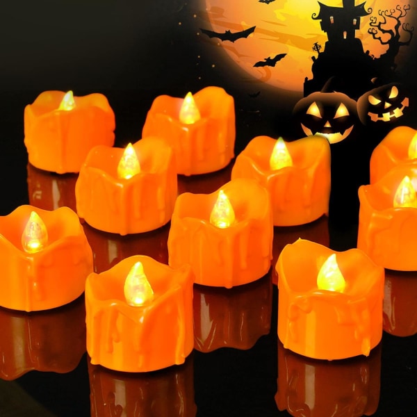 Halloween 12 Pack oranssit teelyhdyt, pienet tippuvat kynttilät, pienet kurpitsalahdut lämpimän valkoisilla polttimoilla, liekettömät, E