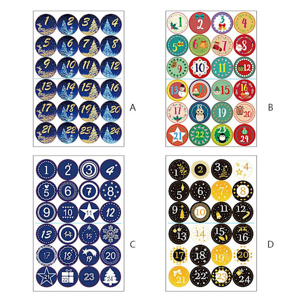 24 Pak Julekalender Stickers til Cookies, Slikposer og Gaveposer - Advent Nummer Etiketter A