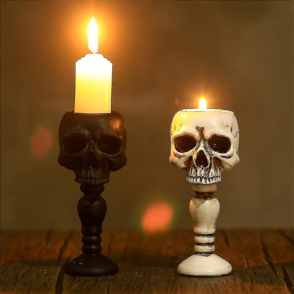 Skull Candelabra - Gotisk Bordsskiva Skull Candelabre Retro Spöklika Bordsskiva Te Ljusstake Skrämmande Hemmakontor Bar Fest Kyrkogård Decor2stwhite + B