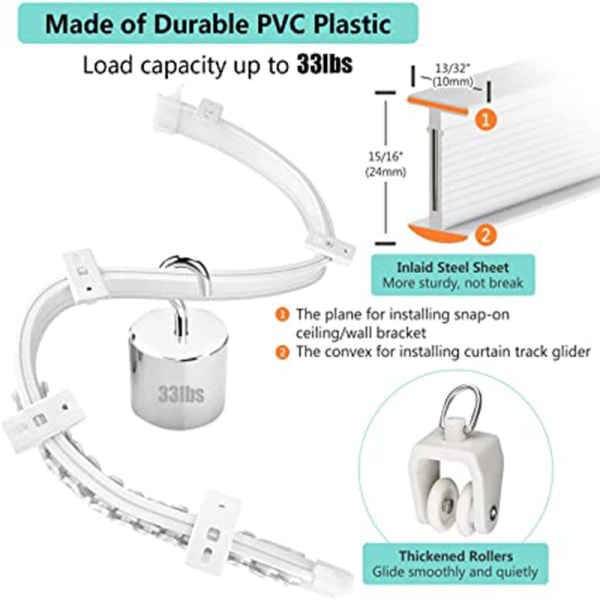 Svart gardinstang, fleksibel takgardinskinne for buet vindu, ca. 5m, sammenleggbar buet robust plastveggbrakett for separering