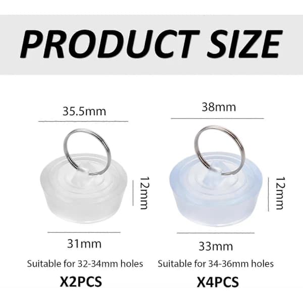 HA~6 stk. gummivaskplugger, vannblokkerende plugger for vask, lekkasjesikre badekarplugger, for baderom, badekar (2#x 2,3#x4)