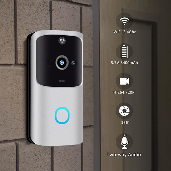 Trådlös Wifi Dörrklocka Smart Videotelefon Visuell Intercom Dörrklocka Säkerhetskamera Silver