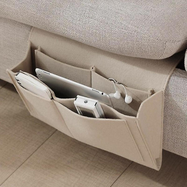 1 stk Sengekant Filt Oppbevaringspose Med Lommer Seng Sofa Skrivebord Henge Organiser For Telefon Beige