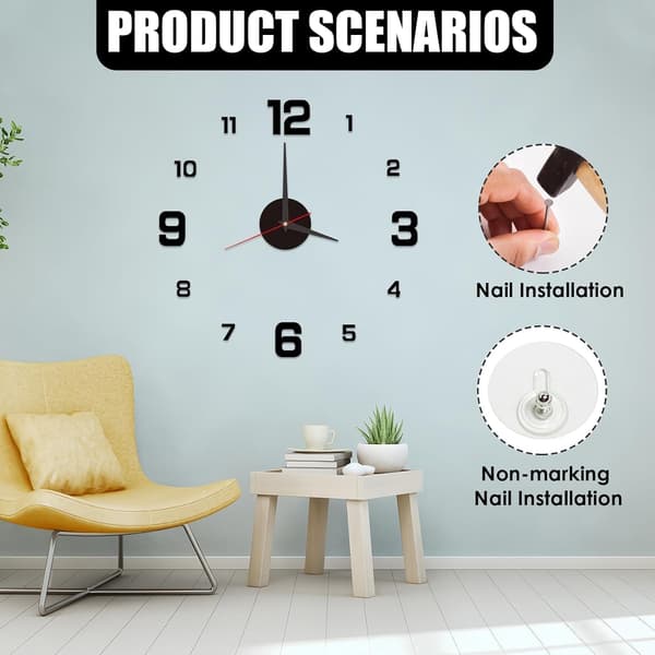 Large 3D Wall Clock, 40 cm, Silent, Self-Adhesive, Modern, Decorative, for Living Room, Kitchen, Bedroom, Office