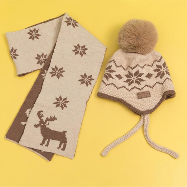 Kawaii Kids Knitted Beanie + Christmas Deer Neck Tørklæde Fleece Hat WinterBeige