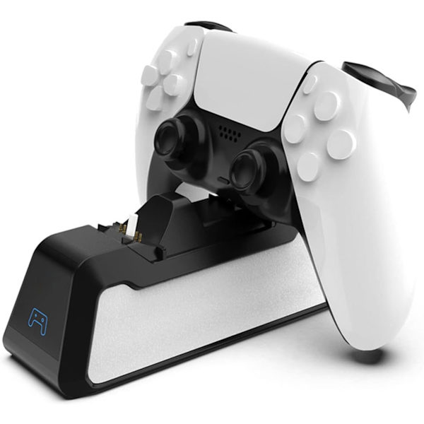 Bærbar dobbeltport hurtigoplader med indikatorlys til PS5-controller, der hjælper dig med at spare tid og have mere sjov