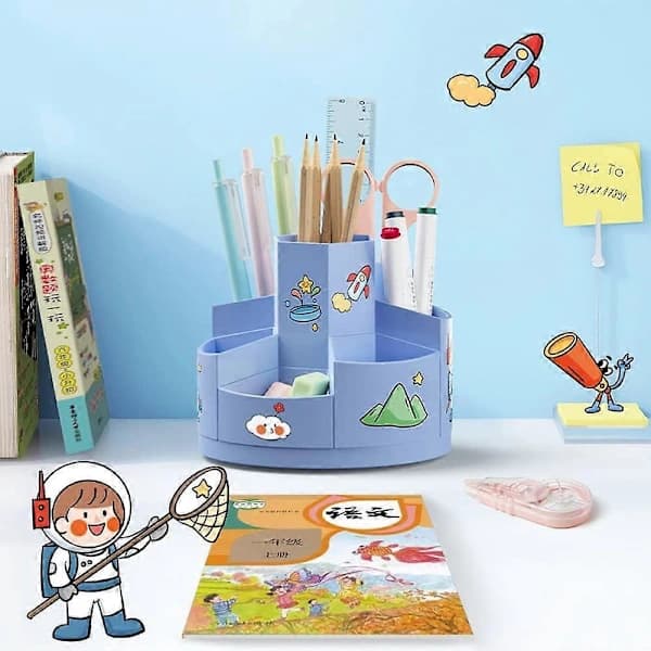 360° Rotating Pen Holder, Creative Pen Pot, Desk Organizer, with 2 Cartoon Stickers, with 7 Compartments (Pink)