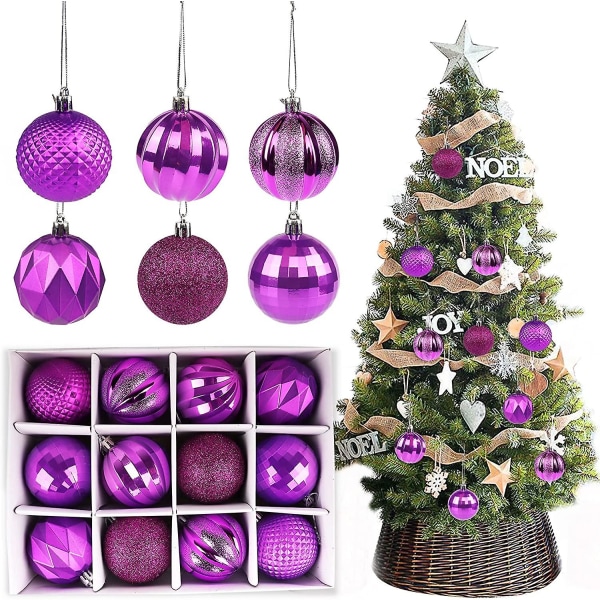 12 julkulor för julgransdekoration, julgranskula, plastjulkulor, anti-fall, 6 cm julpyntboll lila