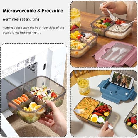 Microwave Safe Bento Lunch Box, 1400ml Lunch Box with 3 Compartments and Cutlery, Lunch Box for Picnic, Work (Blue)
