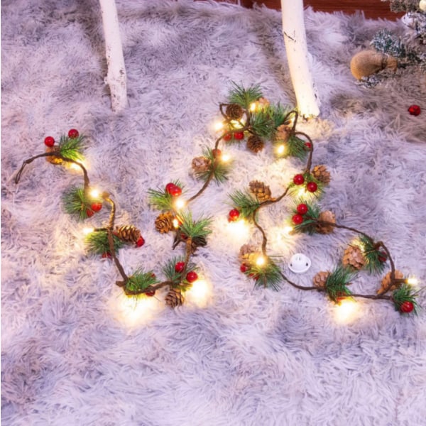 6,6 FT, 20 Led julekrans med lys og større furukongler, LED-lys, røde bær, julelys for