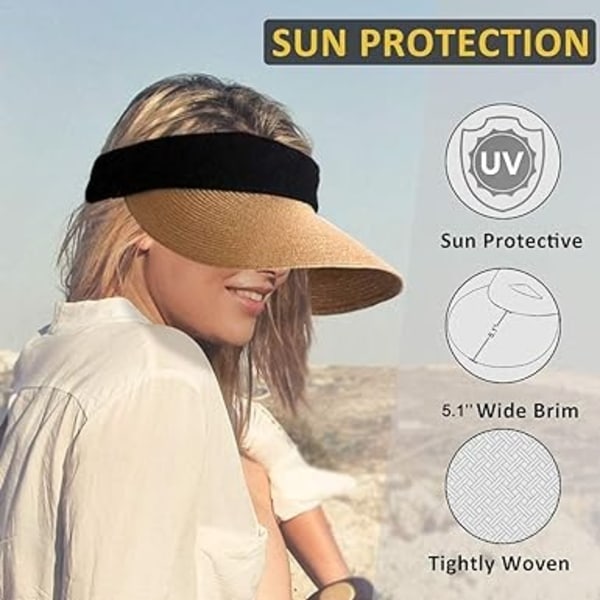 Højransket Solhat i Halm til Kvinder - Sommer Anti-UV Visir Udendørs Solhat Beanie Hat Solhat Rejse Cykling Strandhat