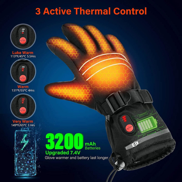 Opvarmede handsker, varme vinterhandsker til mænd og kvinder, 7,4V 3200Mah vaskbar berøringsskærm, varme vinterhandsker, genopladeligt batteri, virker 3-5,5 timer