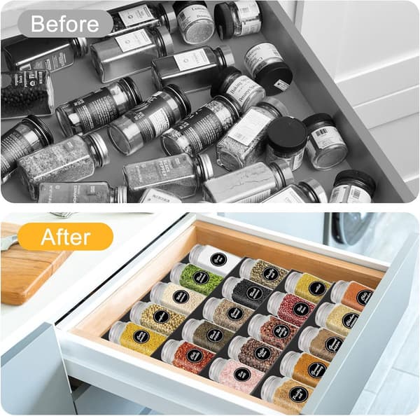 Spice rack - space-saving - extendable from 30 to 60 cm - adjustable drawer dividers - kitchen storage rack - spice rack suitable for acrylic drawers.