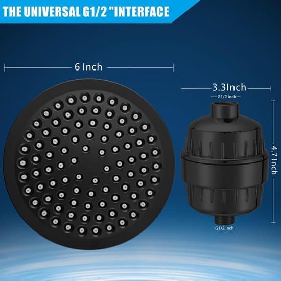 High-Pressure Rain Shower Head with Hard Water Filter, Universal Round Black [Ho]