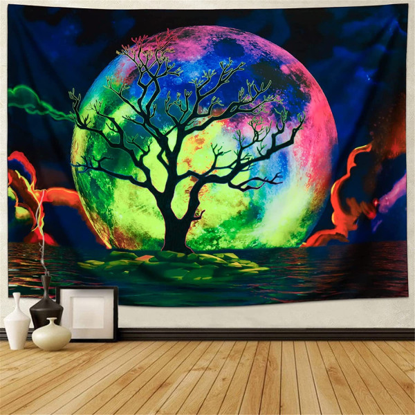 Blacklight Moon Tapestry, UV Reactive Tree Lake Fargerik Starry Night Galaxy Space Clouds Veggteppe for soveromsinnredning 73×95CM