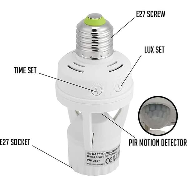 Lamp with PIR motion detector. E27 socket lamps for indoor use with time and light settings.