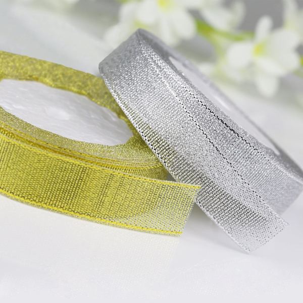 Organza-nauha, glitter-metalli koriste-nauha, joululahjojen ja kimppujen koristeluun (2 kpl kulta + hopea)