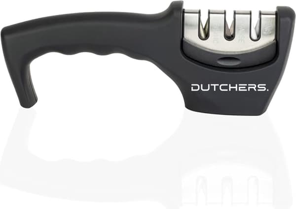 Dutchers 3-step knife sharpener with non-slip base and ergonomic handle for kitchen knives and scissors, black