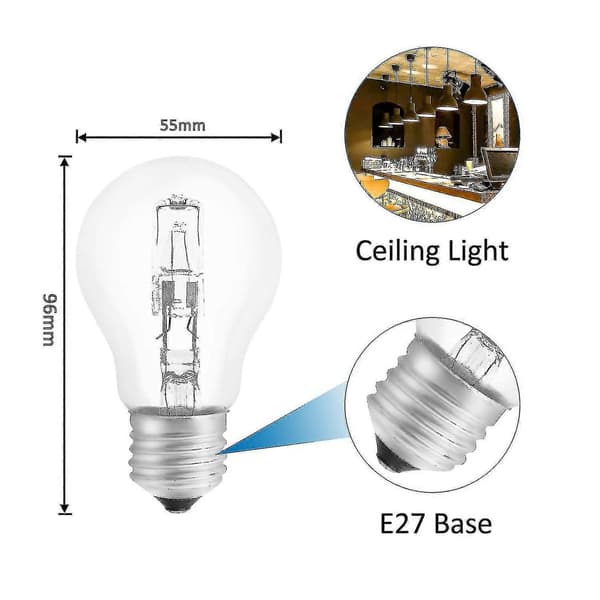 Halogenpære E27 A55 42w Dimbar, AC220-240v, 650lm Varmhvit 2700k, Transparent E27 Halogenpære