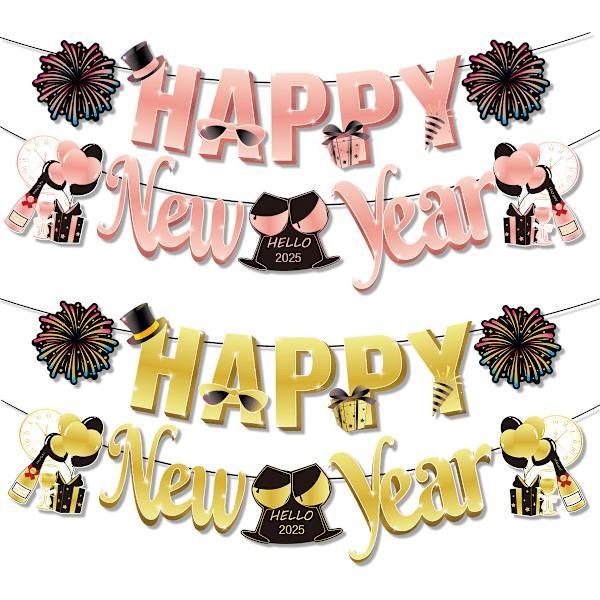 2Set 2025 Decorative New Year Bunting with Lights Props Accessories 2025 New Year Decorative Banner