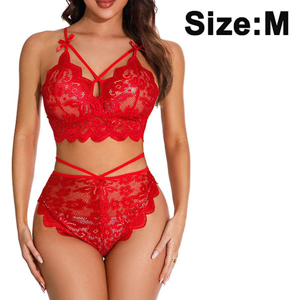 2-delad Sexy Spetsunderkläder för Kvinnor, Mesh-BH och Trosor, Babydoll med Remmar, Spetsunderkläder, Röd M Red