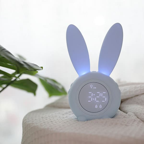 Blue, cute rabbit-shaped induction dawn alarm clock, automatic br