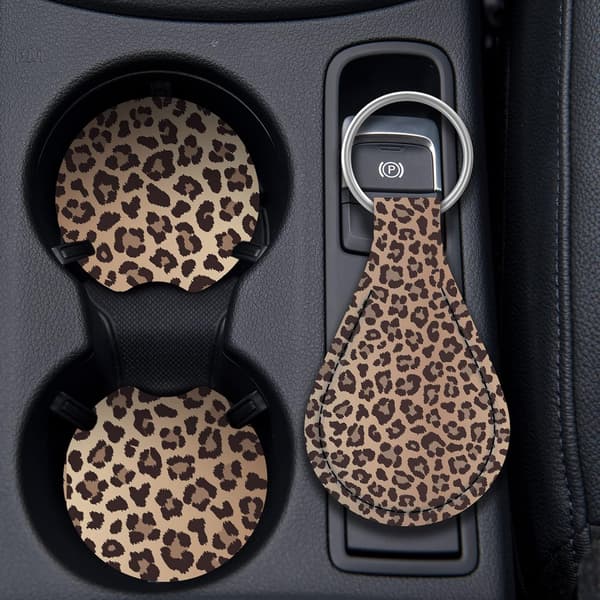 (Leopardmønster) Bohemian Ratmuff Dream Car Set: Inkluderer rattmuff, sød nøglering, 2