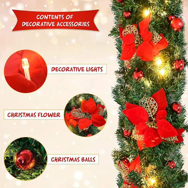 Julekrans, 270 cm julepyntkroner med LED-lys, kunstig grankrans, interiør og eksteriør feriedekorasjoner, hager