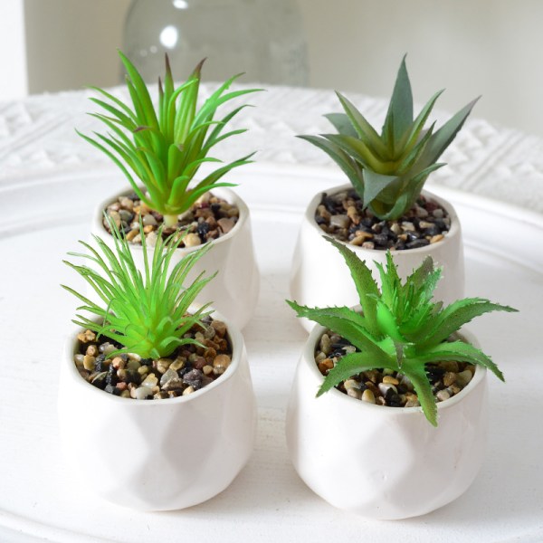 Set med 4 mini-assorterade konstgjorda suckulenta falska växter i moderna vita texturerade keramiska växtkrukor
