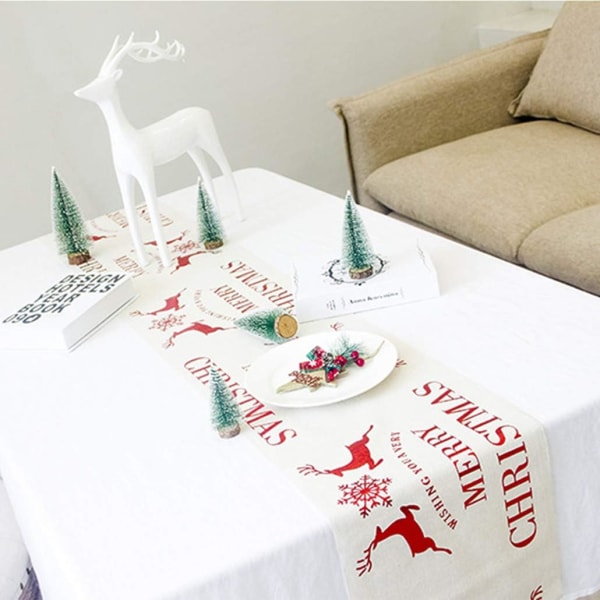Linbomullsduk trykt juleflagg Julebordløper rektangulær bordløper dukdekorasjoner（Beige elg）