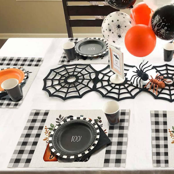 Halloween-koristeet Kukkakruunu Boo Buffalo Plaid -paikka-alustat 4 kpl Juhlat Sisustus Maalaismainen Vintage Pesu- ja Pöytäliinat