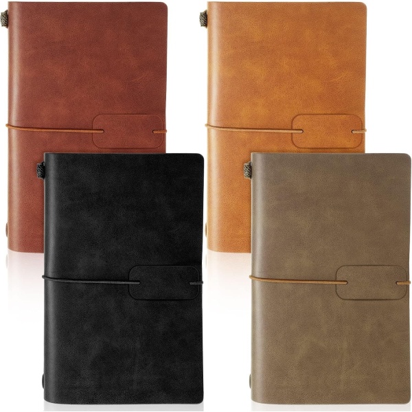 4 Pak Vintage Rejse Notesbog Journal Genopfyldelig Journal Dagbog Planner PU Læder Foret Notesbog Skrive Journal til Mænd, 4,72 x 7,87 Tommer