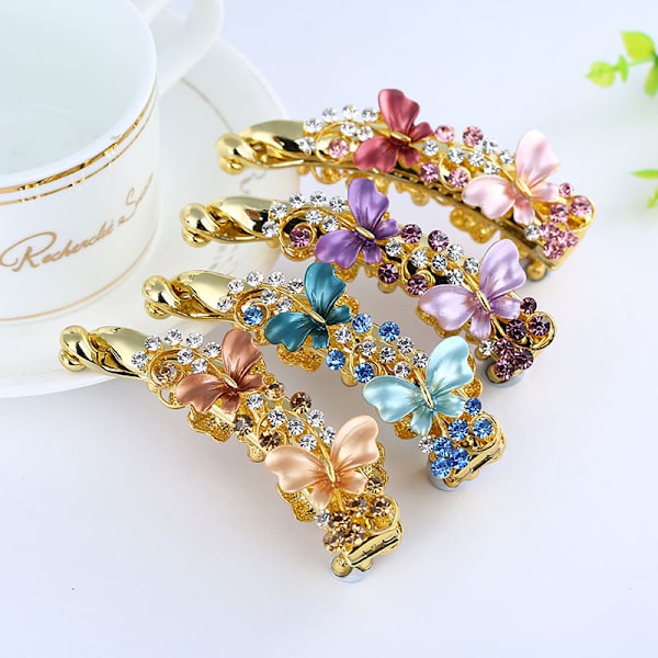 4 st. Blommiga Rhinestone Banan-Hårklämmor, Hårfäste för Hästsvans, Styling för Kvinnor