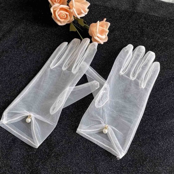 Vita & Festklänningshandskar Elfenbensfärgade Tulle Party Kort Handskar Bröllopspärlor Brudhandskar Handledsband Handskar för Dansfest