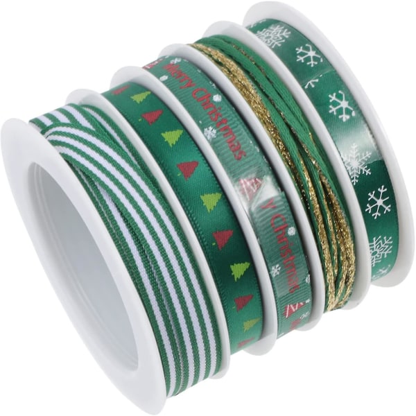 Indpakningsbåndrulle: Gør-det-selv-julegaveindpakningsbånd 5 ruller med juletræsnefnugtryk Vinterferieindpakningsmateriale (grøn) (5