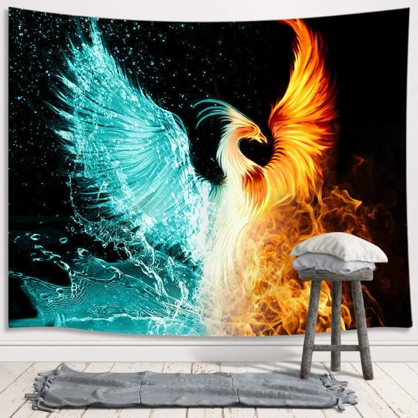 95x73CM Fantasy Phoenix Lille Vægtæppe, Vand Is og Ild Stigende Phoenix Dyr Anime Vægtæppe Væghængning til Soveværelse, Æstetisk