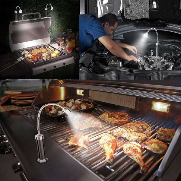 BBQ Grillsett med 2 LED BBQ Grilllys med Base 360° Rotasjon Fleksibel Justerbar Kompatibel med Grill, Camping, Utendørs