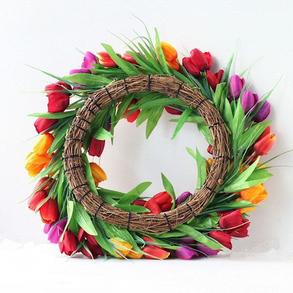 20 tum 3-färgad blomsterkrans Tulpan Krans Blomsterkransar för Ytterdörr, Sidenkrans med Gröna Blad för Fönstervägg Bröllop