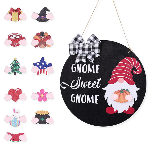 Interchangeable Seasonal Gnome Sweet Gnome Sign Front Door Decoration Wooden Hanger